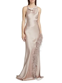 Satin Feather-Trim Cowlneck Gown