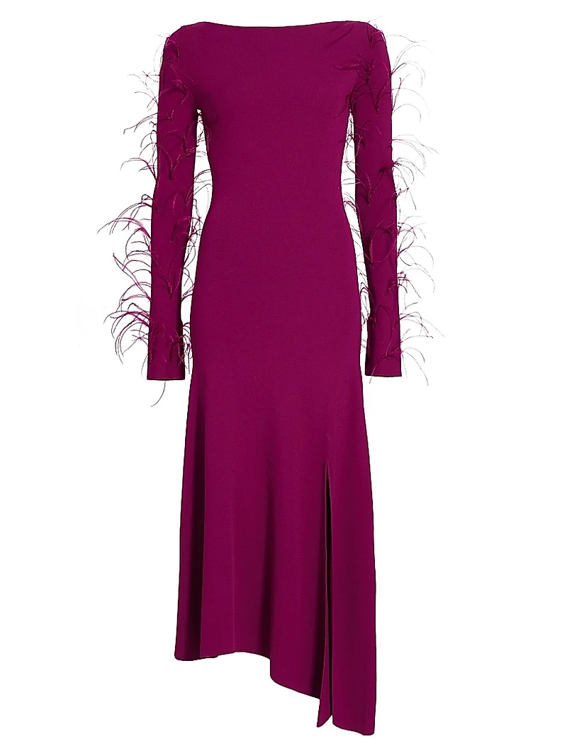 Feather-Trimmed Stretch Maxi-Dress