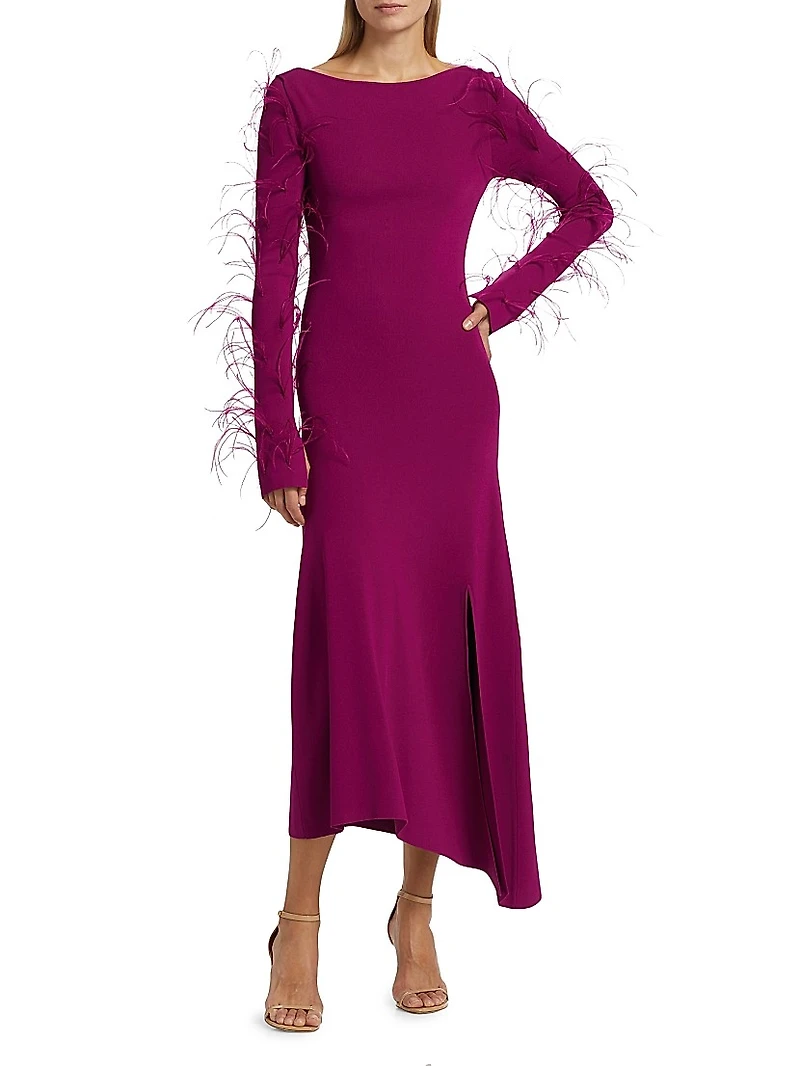Feather-Trimmed Stretch Maxi-Dress