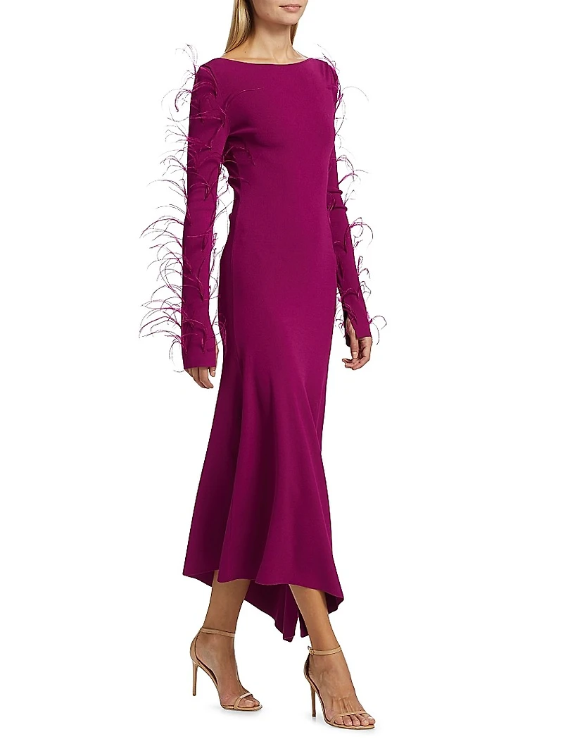Feather-Trimmed Stretch Maxi-Dress