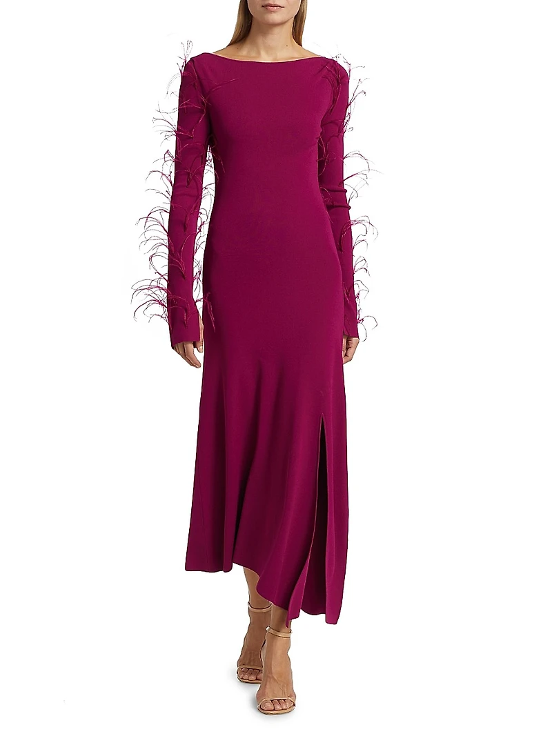 Feather-Trimmed Stretch Maxi-Dress