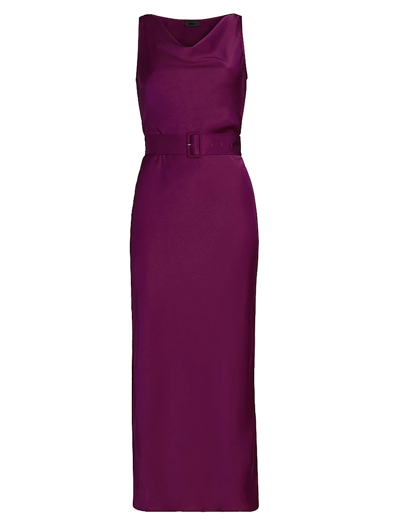 Satin Belted Cowlneck Midi-Dress