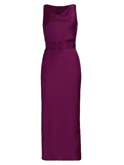 Satin Belted Cowlneck Midi-Dress