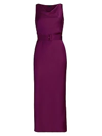 Satin Belted Cowlneck Midi-Dress