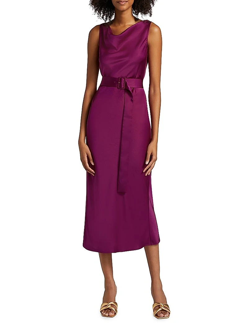 Satin Belted Cowlneck Midi-Dress