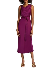 Satin Belted Cowlneck Midi-Dress