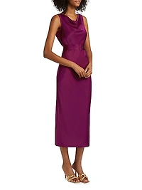Satin Belted Cowlneck Midi-Dress