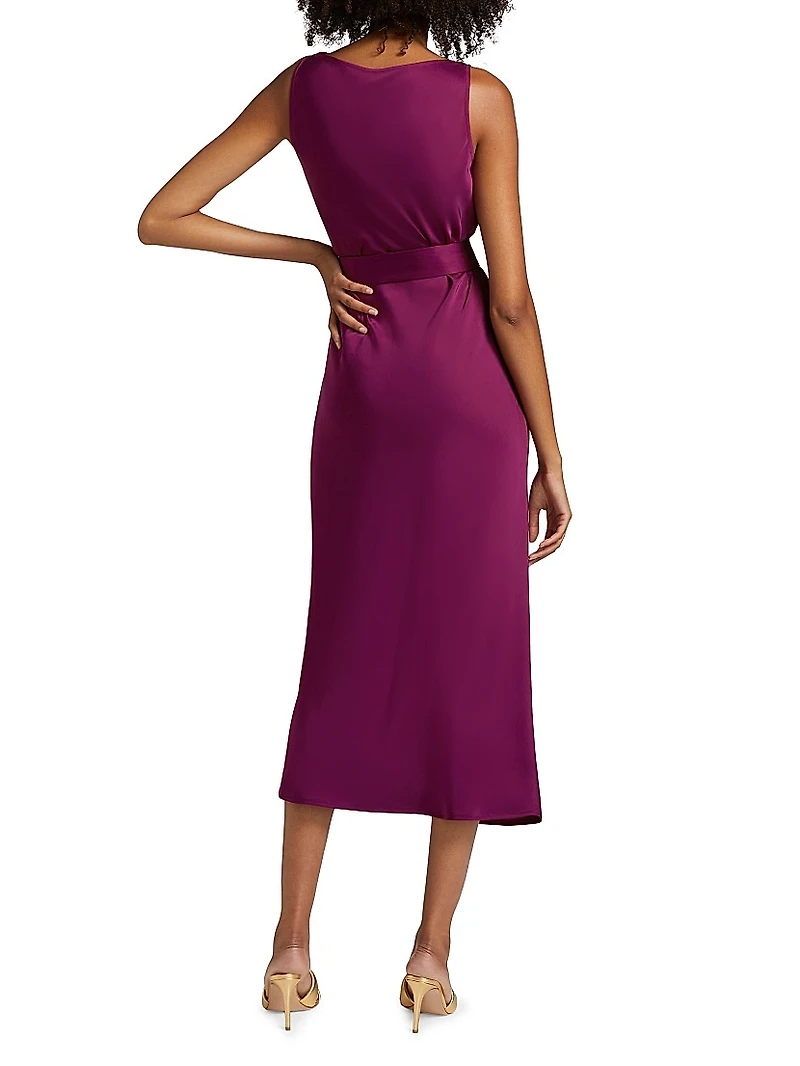 Satin Belted Cowlneck Midi-Dress