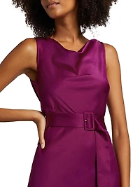 Satin Belted Cowlneck Midi-Dress