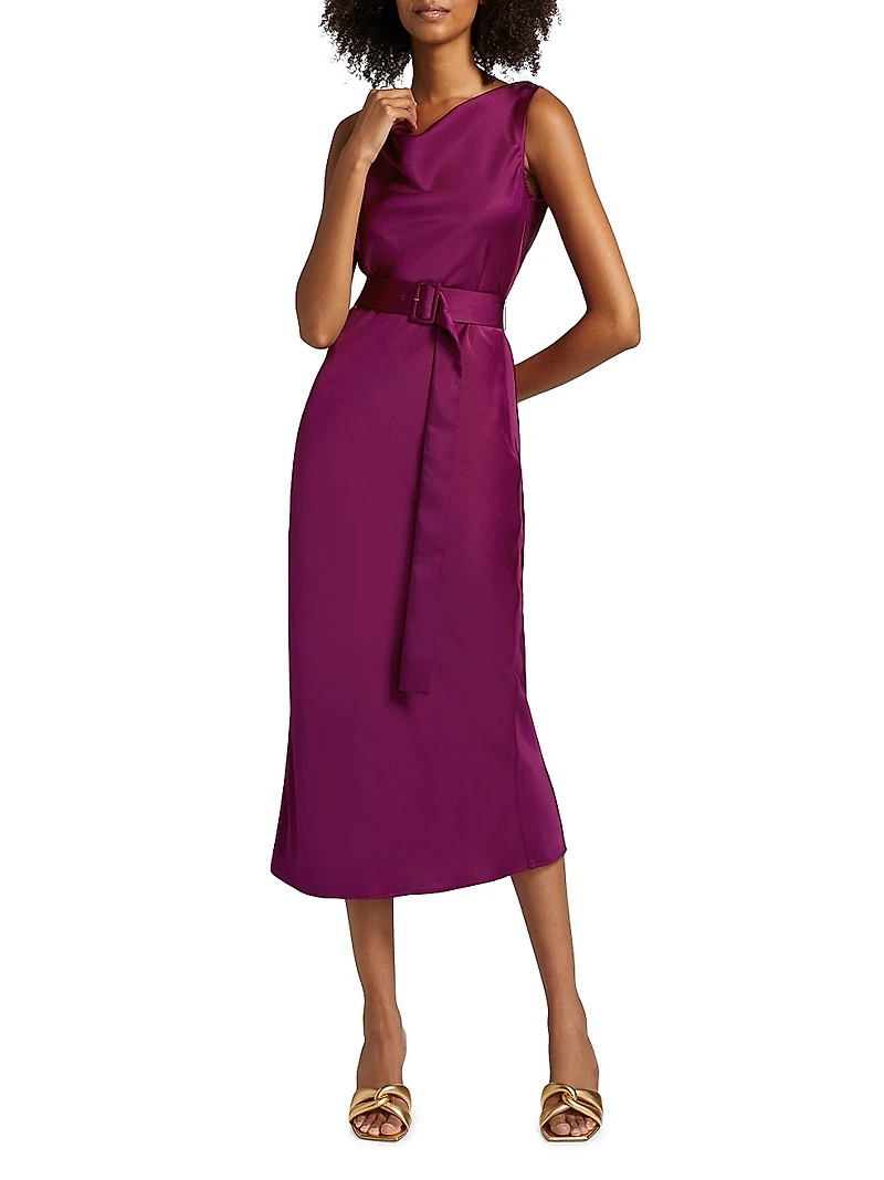 Satin Belted Cowlneck Midi-Dress
