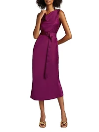 Satin Belted Cowlneck Midi-Dress