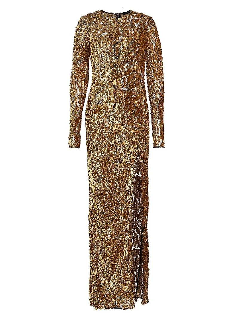 Sequined Metallic Long-Sleeve Gown