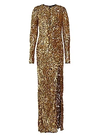 Sequined Metallic Long-Sleeve Gown