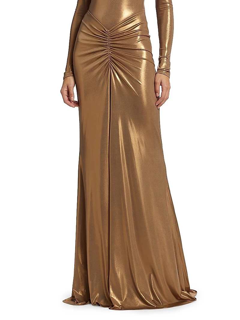 Coated Jersey Ruched Maxi Skirt