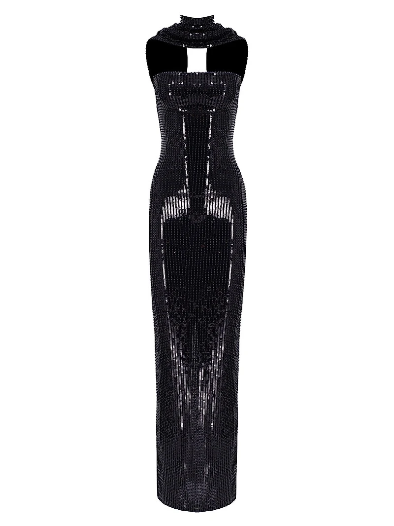 Suri Sequined Scarf-Neck Gown