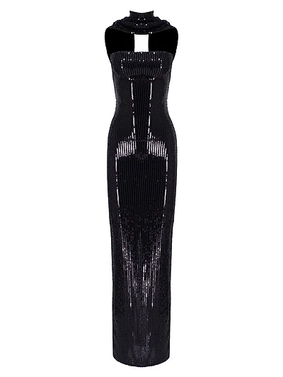 Suri Sequined Scarf-Neck Gown