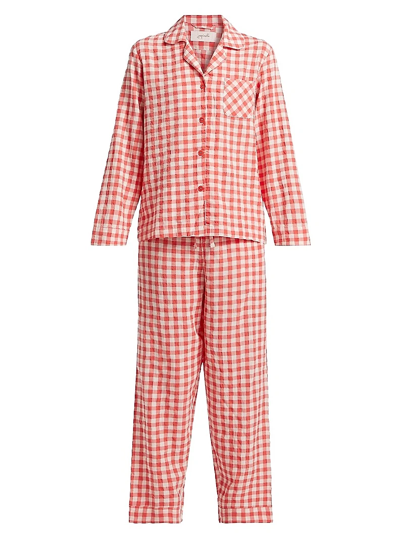 Checked Seersucker Gingham Full-Length Pajamas
