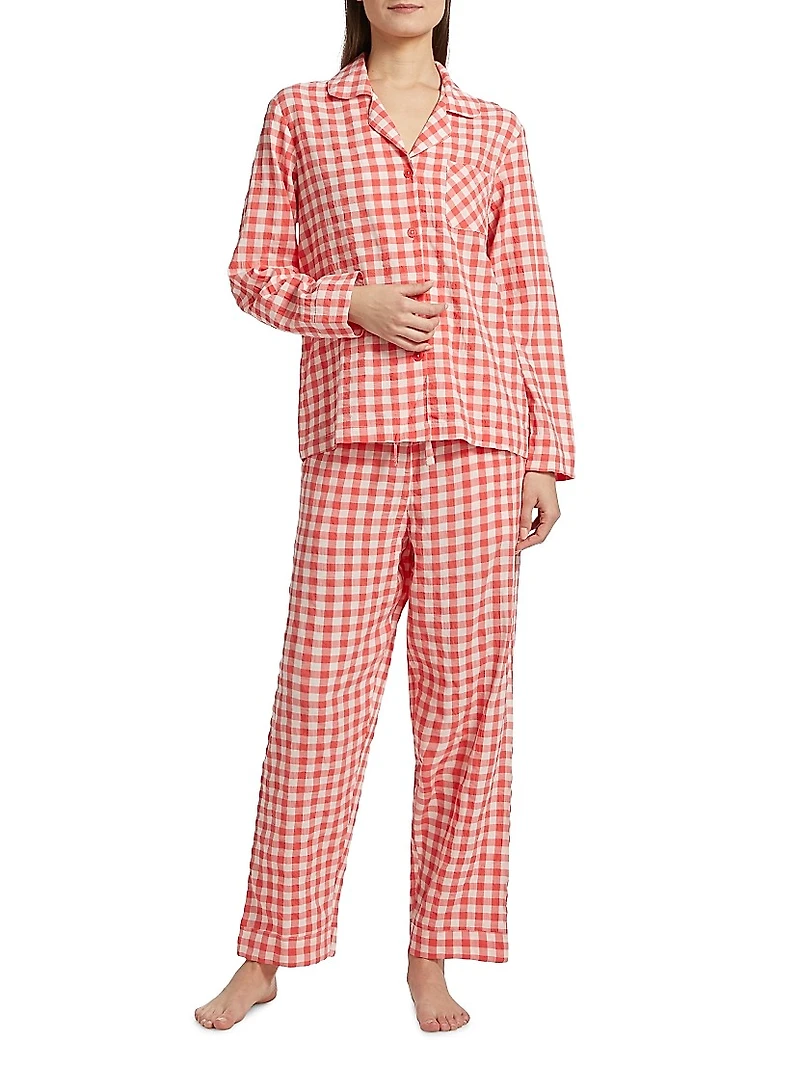 Checked Seersucker Gingham Full-Length Pajamas