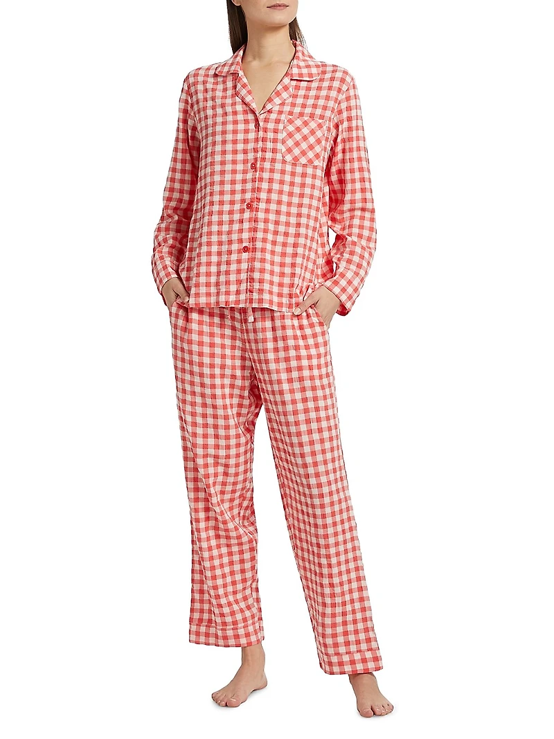 Checked Seersucker Gingham Full-Length Pajamas