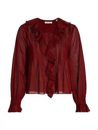 Hardy Pintuck Cotton Ruffle V-Neck Blouse