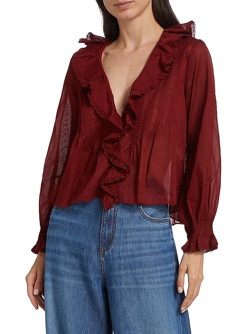 Hardy Pintuck Cotton Ruffle V-Neck Blouse