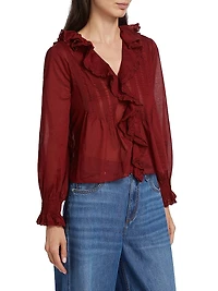 Hardy Pintuck Cotton Ruffle V-Neck Blouse