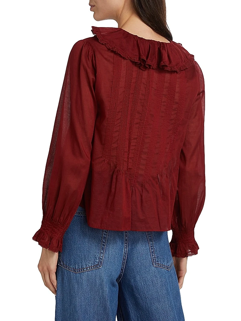 Hardy Pintuck Cotton Ruffle V-Neck Blouse