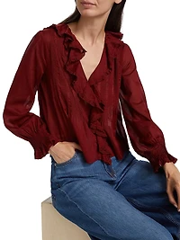 Hardy Pintuck Cotton Ruffle V-Neck Blouse