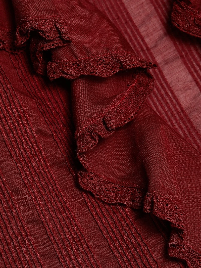 Hardy Pintuck Cotton Ruffle V-Neck Blouse