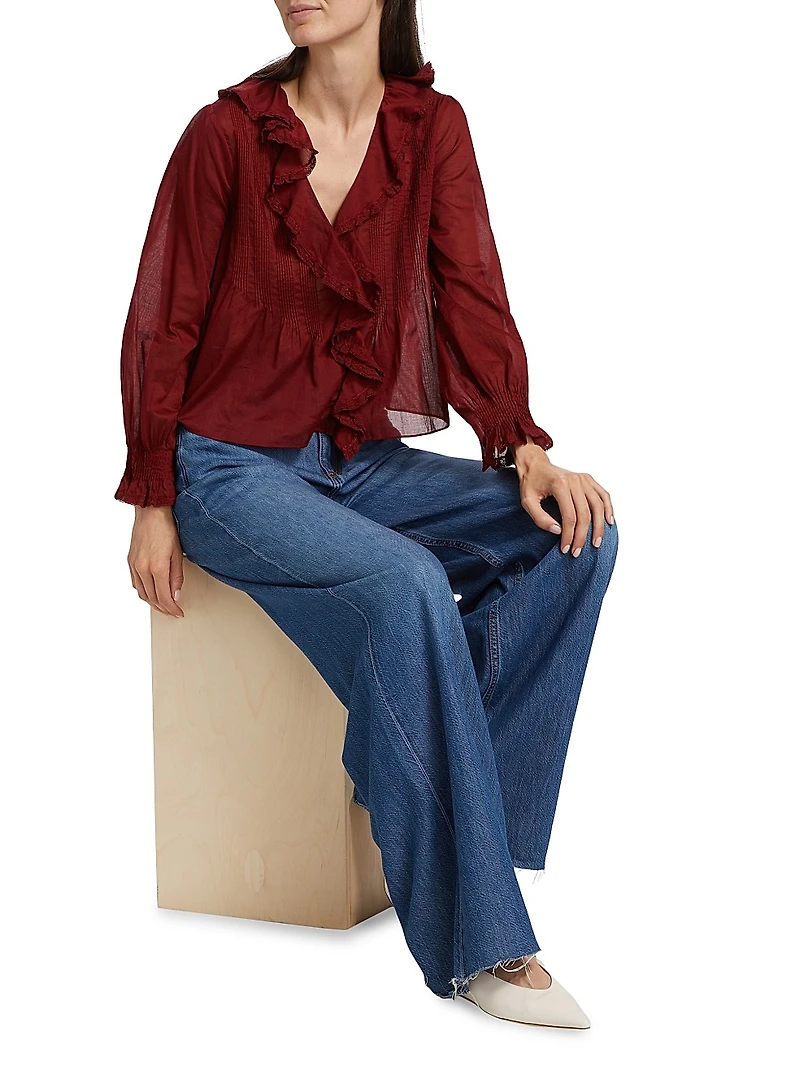 Hardy Pintuck Cotton Ruffle V-Neck Blouse