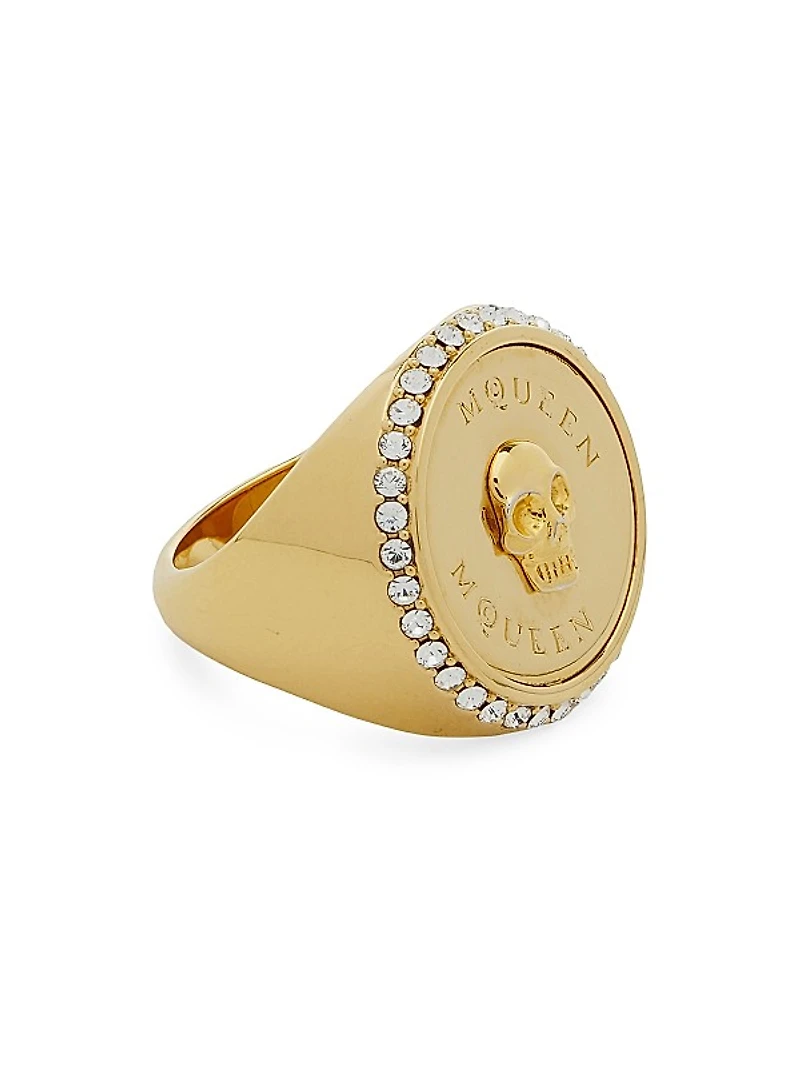 Goldtone & Crystal Skull Signet Ring