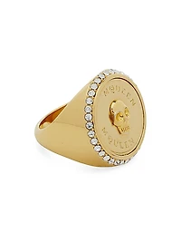 Goldtone & Crystal Skull Signet Ring