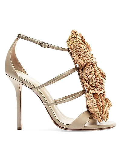 Sadie Flower 100MM Leather & Raffia Sandals