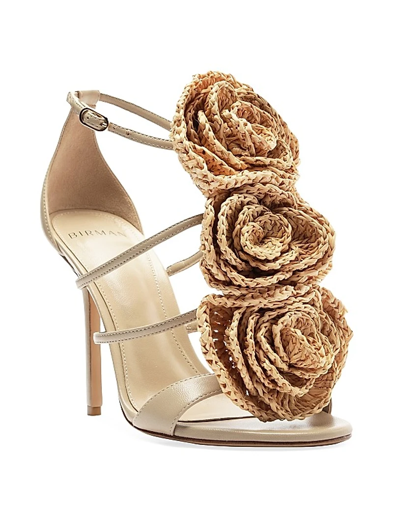 Sadie Flower 100MM Leather & Raffia Sandals