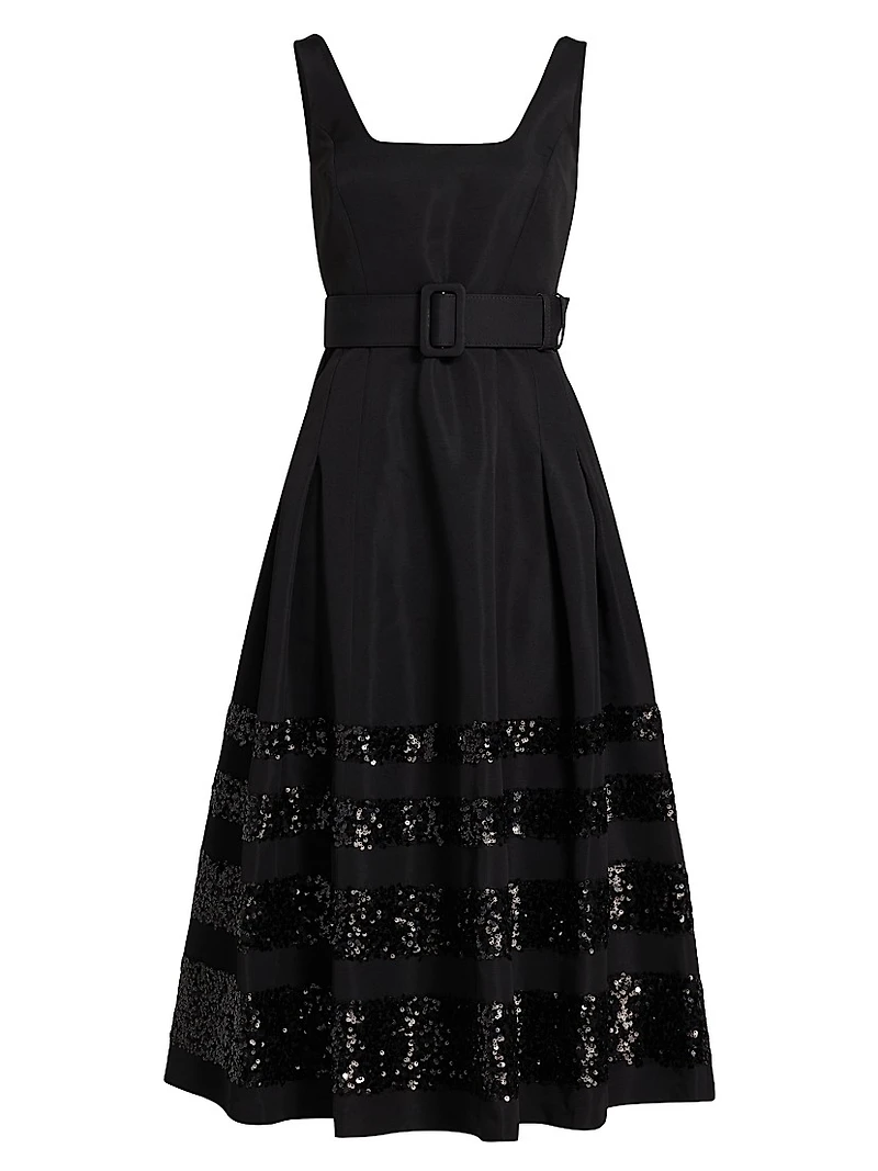 Mia Sequin-Embellished Belted Fit & Flare Midi-Dress