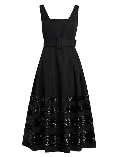 Mia Sequin-Embellished Belted Fit & Flare Midi-Dress