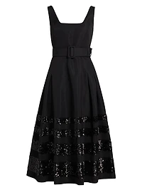 Mia Sequin-Embellished Belted Fit & Flare Midi-Dress