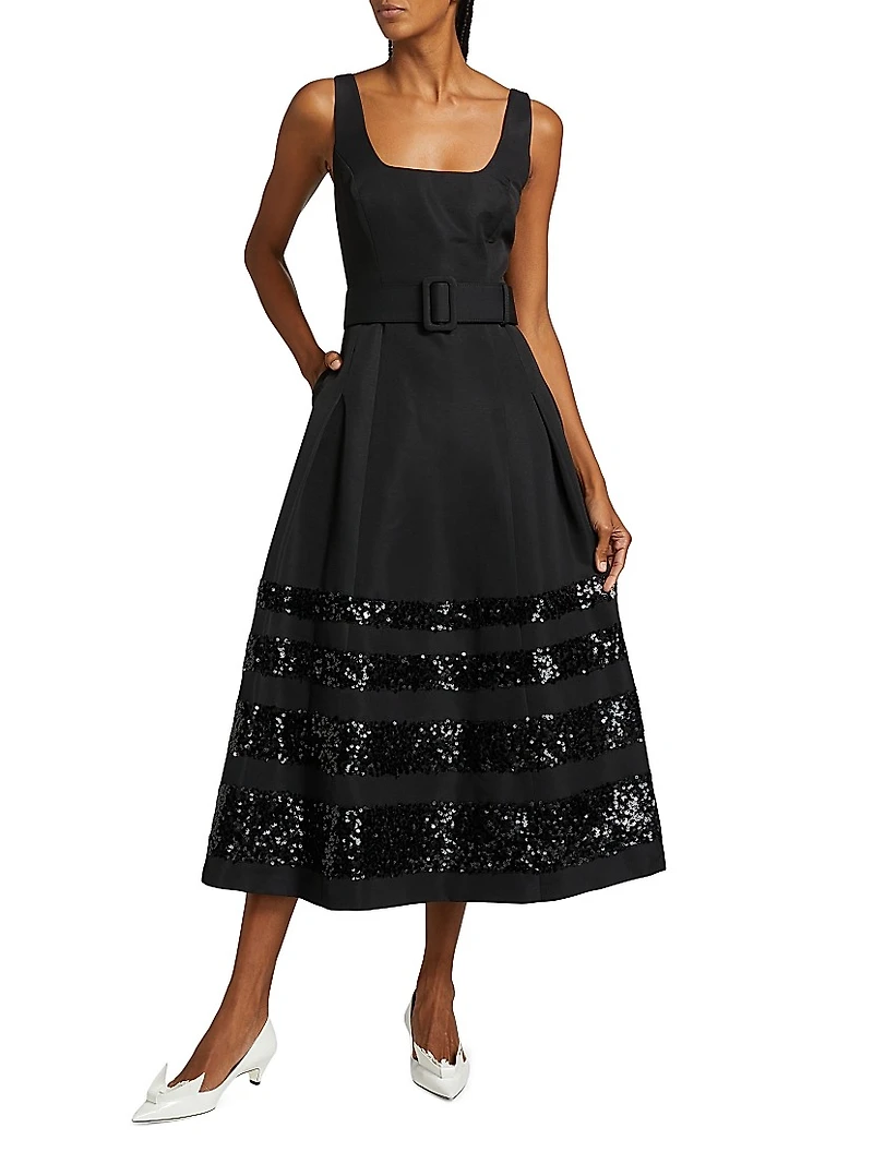 Mia Sequin-Embellished Belted Fit & Flare Midi-Dress