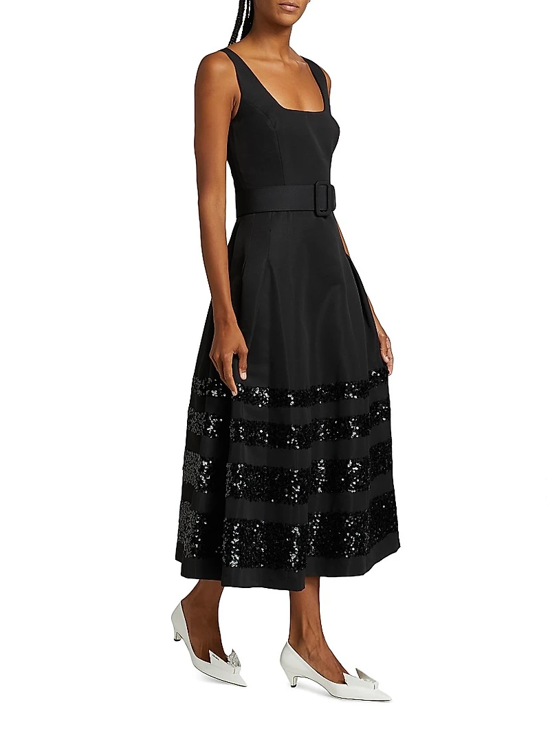 Mia Sequin-Embellished Belted Fit & Flare Midi-Dress