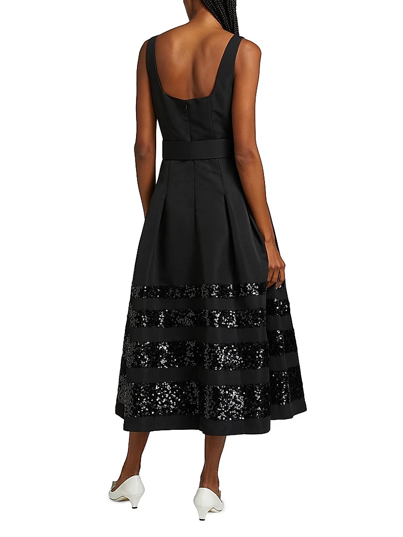 Mia Sequin-Embellished Belted Fit & Flare Midi-Dress