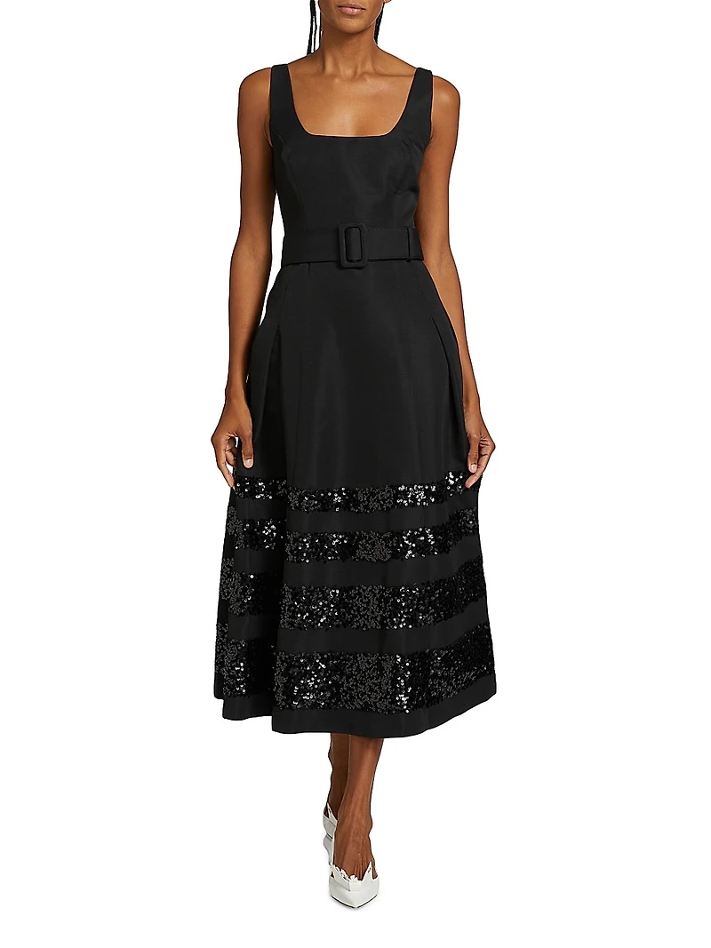 Mia Sequin-Embellished Belted Fit & Flare Midi-Dress