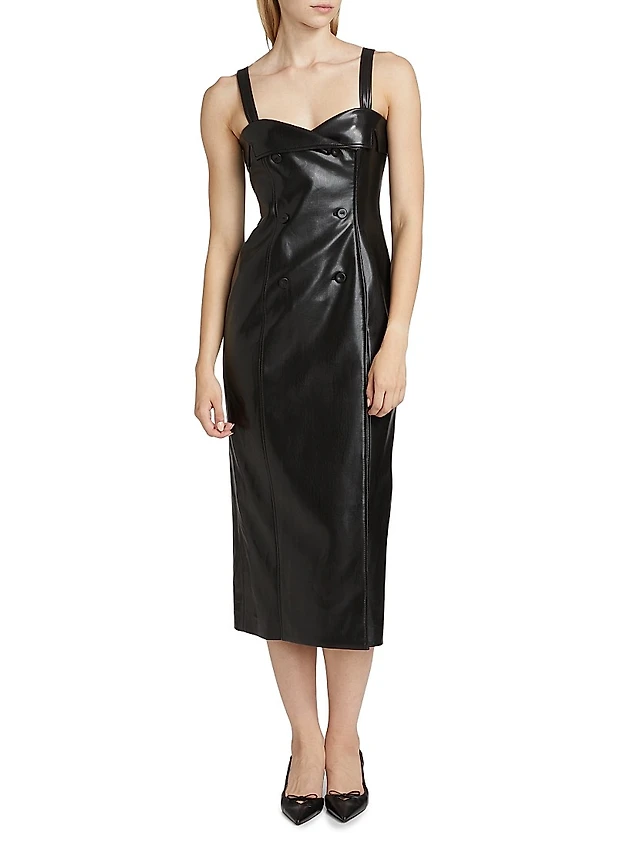 green emerald velvet dress Cognac Shirred Faux Leather Strapless Midi Dress