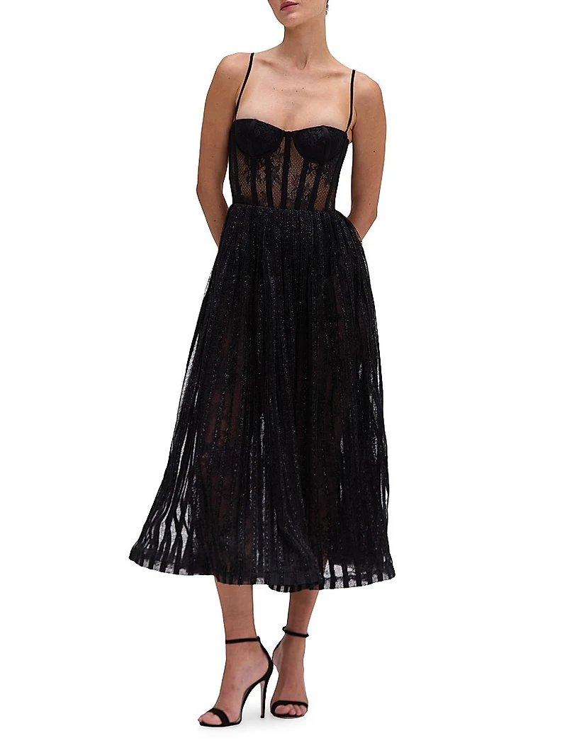 Lace-Velvet Bustier Midi-Dress