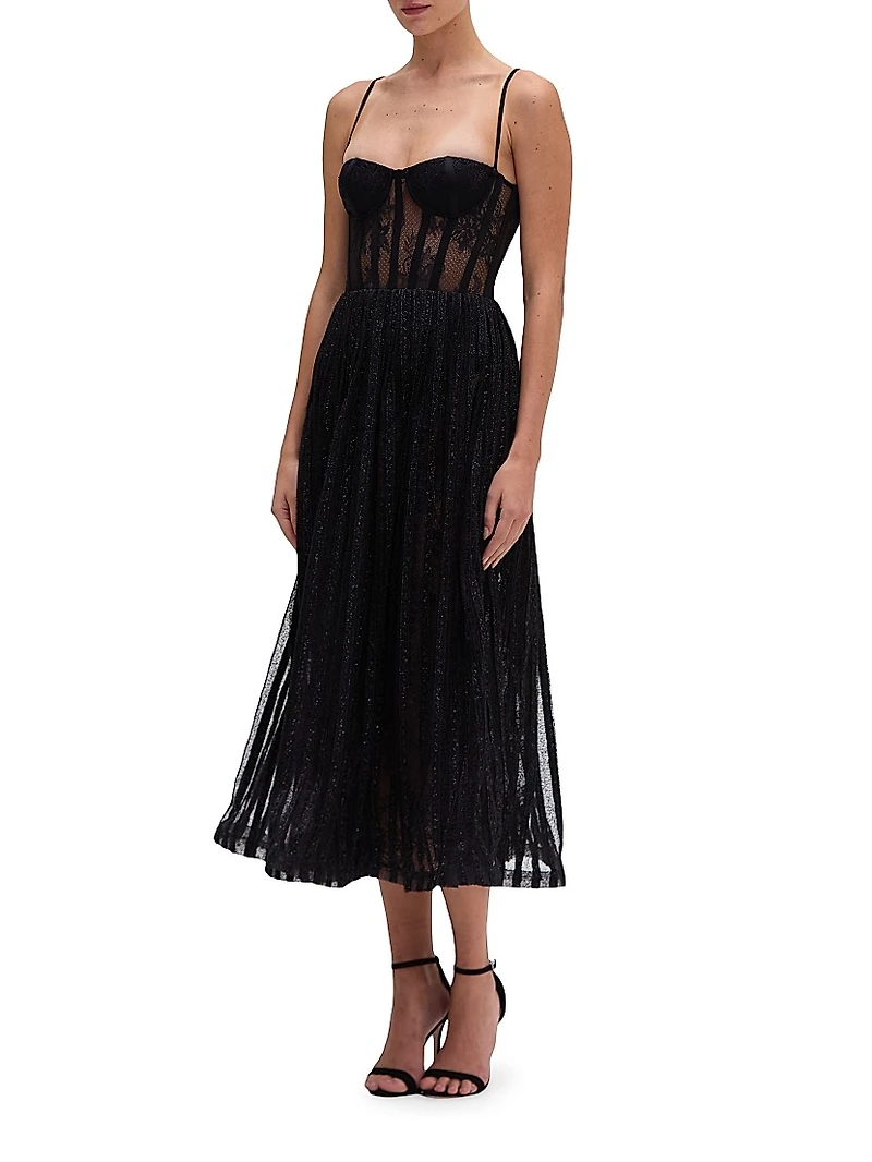 Lace-Velvet Bustier Midi-Dress