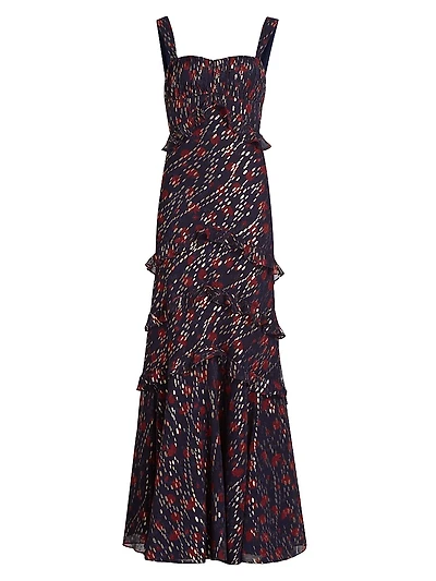 Chandra Silk Metallic Jacquard Maxi Dress