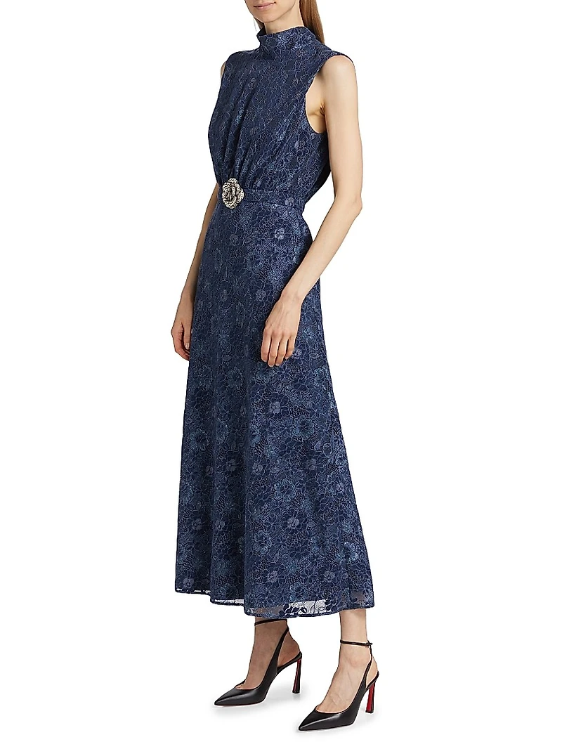 Fleur Velvet Lace Belted Maxi Dress