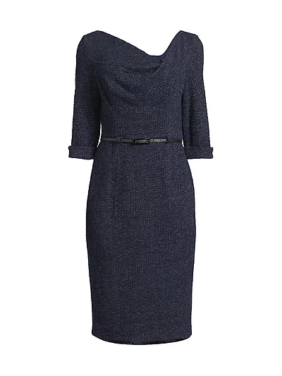 Jackie O Stretch Bouclé Cowlneck Midi-Dress