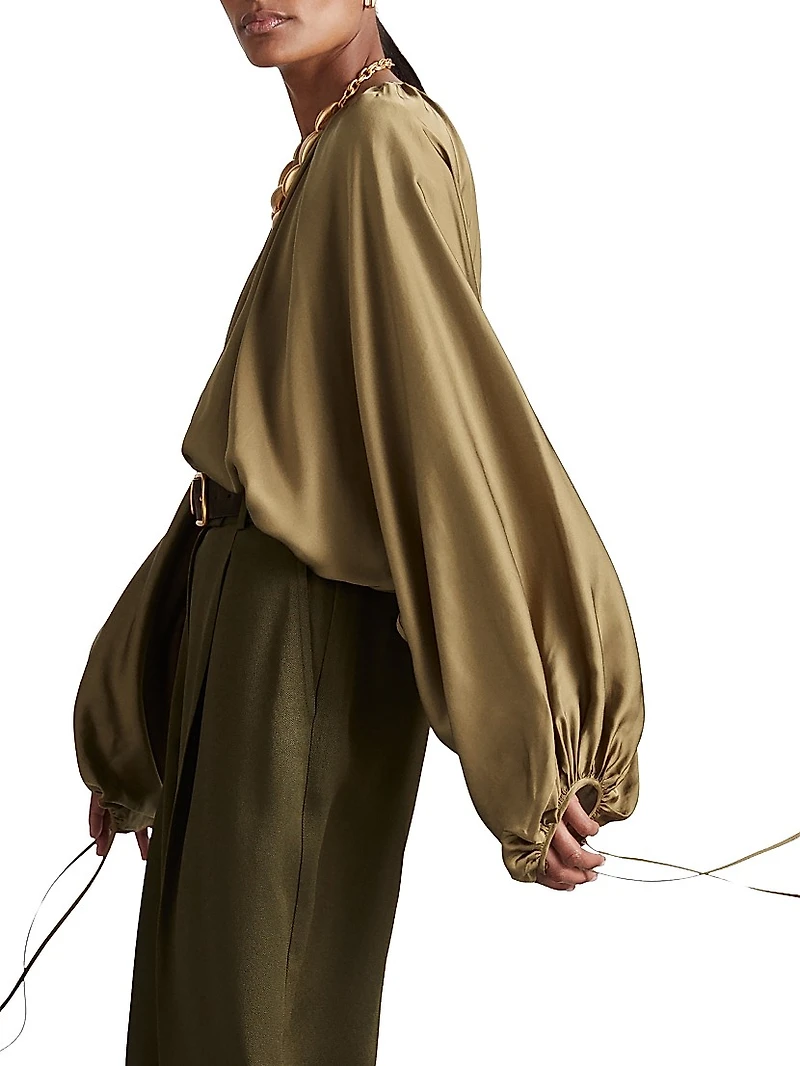 Finley Draped Balloon-Sleeve Blouse