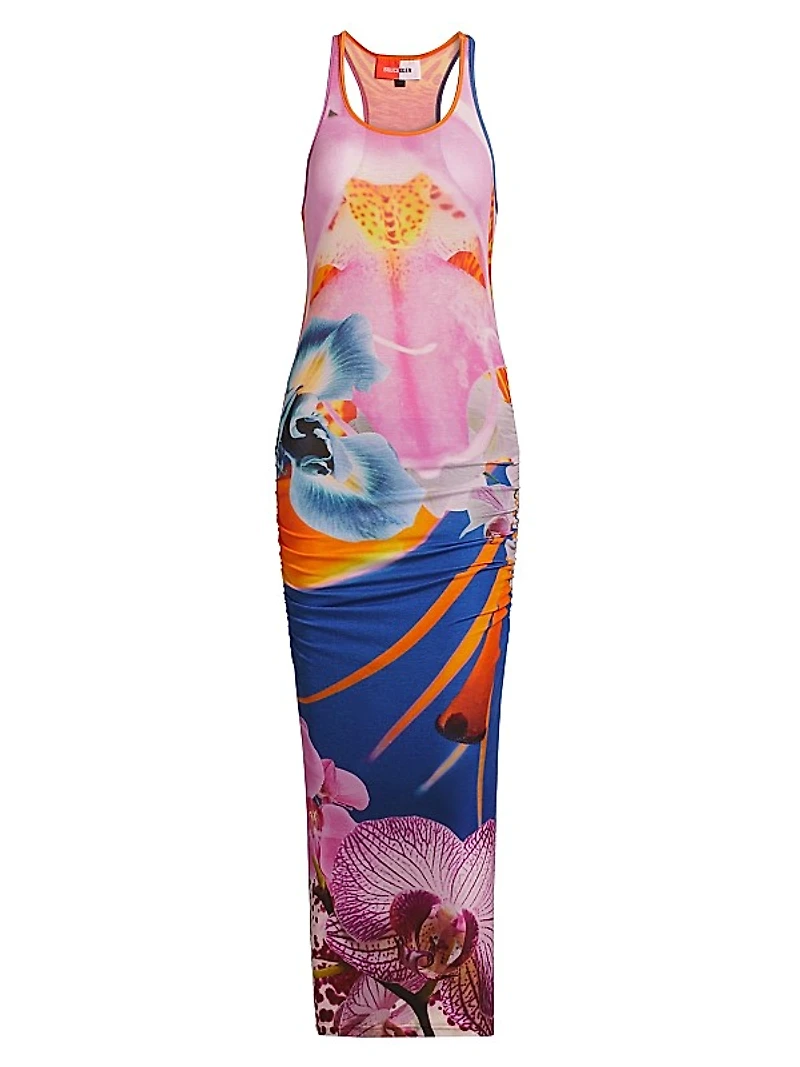 Orchid Floral Rib-Knit Sleeveless Maxi Dress