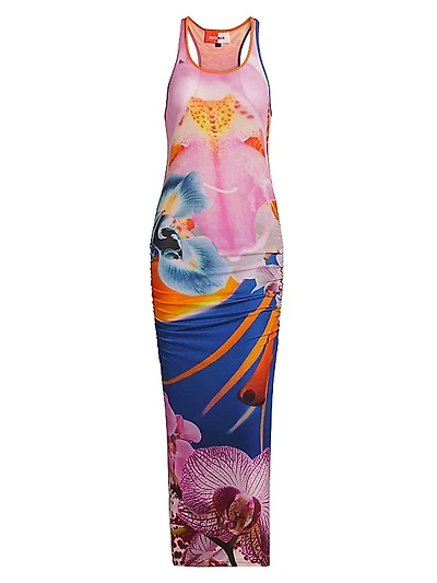 Orchid Floral Rib-Knit Sleeveless Maxi Dress